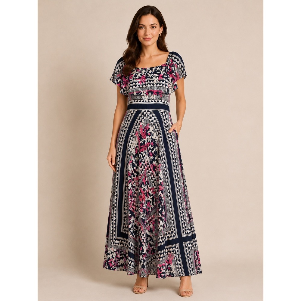 Eliza J Navy Pink Floral Geometric Popover Maxi Dress Size 12 Flutter Sleeve